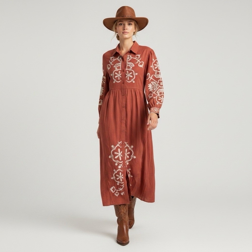 Boho Chic New Western Rodeo Modest Rust Long Sleeve Embroidered Maxi Dress M - Picture 1 of 12